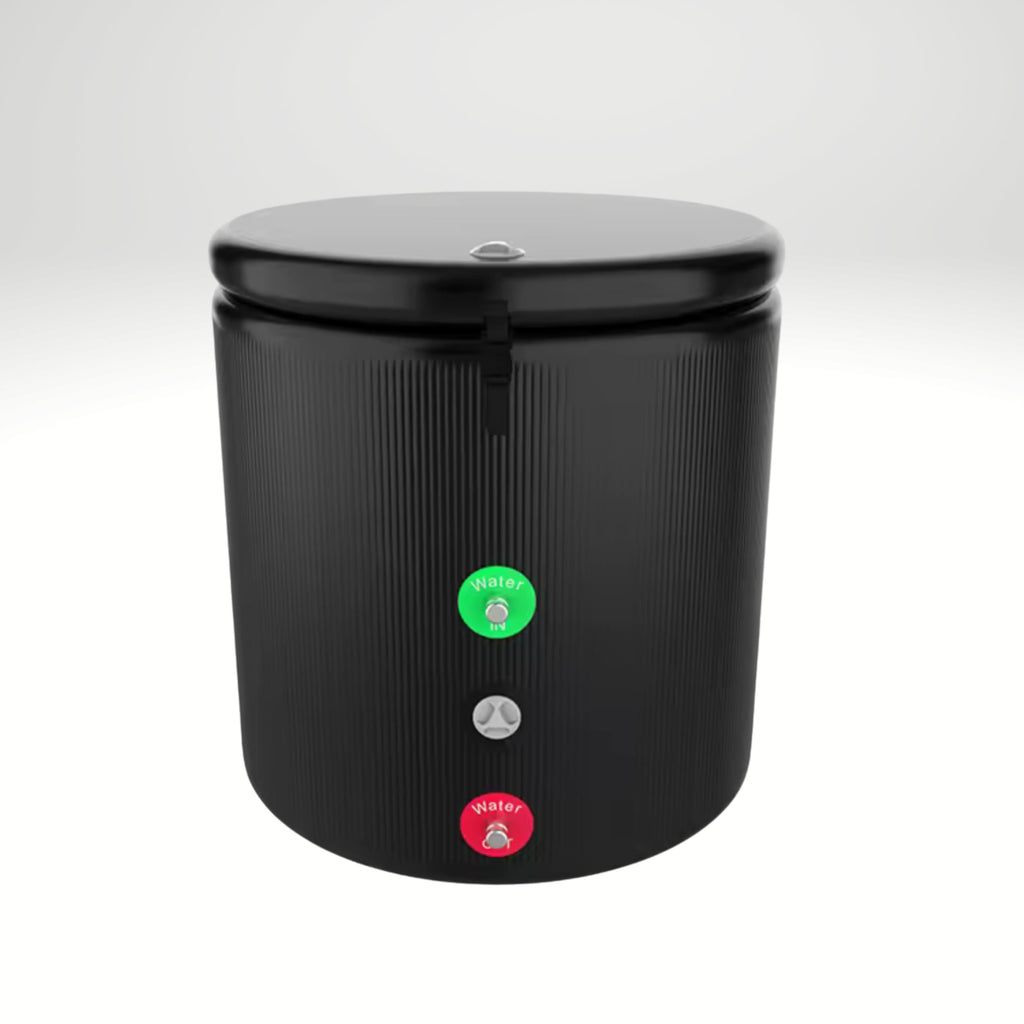 A black cylindrical portable trash can with a textured ribbed body, a matching black lid, and three front buttons: a green button with a poop icon labeled 'TOILET', a silver button with a trash can icon, and a red button with a trash can icon labeled 'TRASH'.