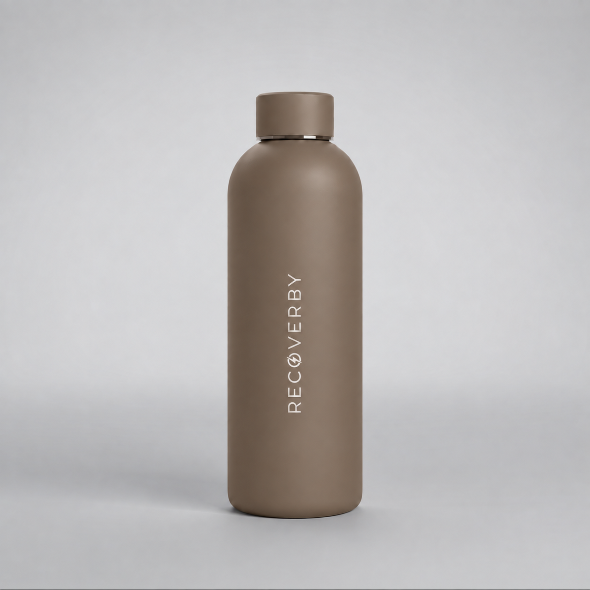 A matte taupe-brown insulated water bottle with a matching screw cap, featuring the brand name 'RECOVERY' printed vertically in white on the front, set against a neutral gray studio background.