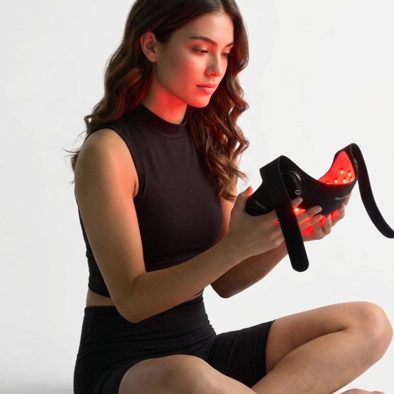 A woman sits cross-legged on a light gray studio floor, holding a black neck light device with glowing red LEDs. She wears a black sleeveless crop top and black shorts, with a small matching black remote lying nearby on the floor.