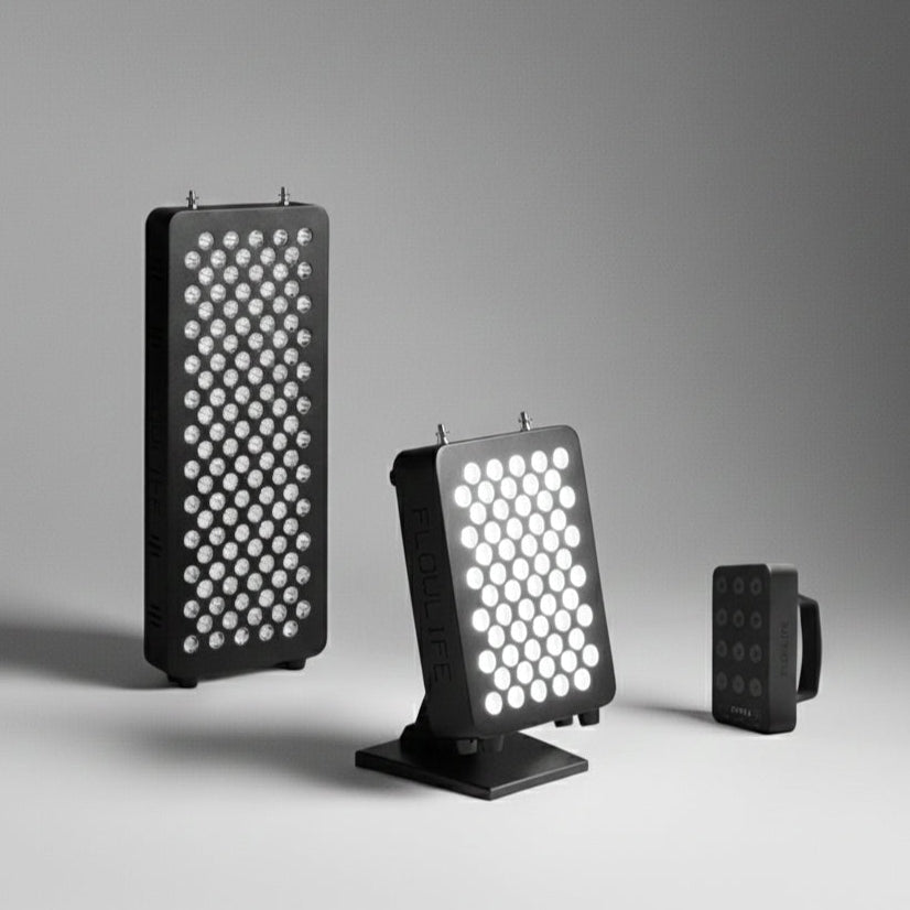 Three black LED light panels of different sizes arranged on a light gray studio background. The center panel is tilted and illuminated, showing a grid of bright white light bulbs, while the left panel stands upright and the right panel is smaller and turned off.