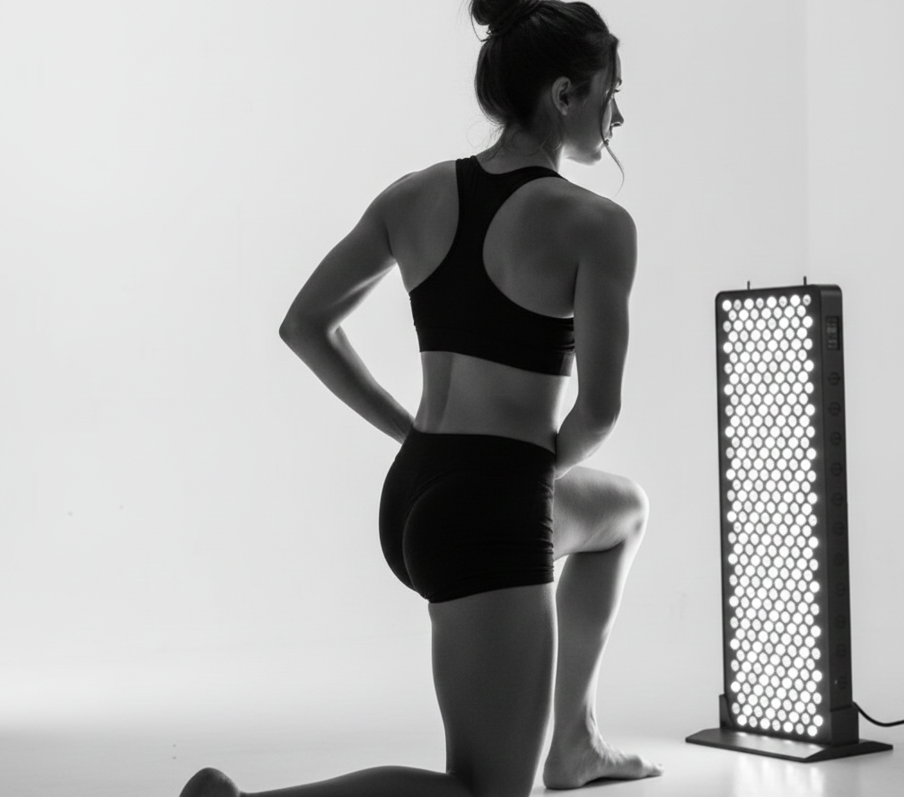 A woman in a black sports bra and shorts kneels beside a tall rectangular LED light panel in a bright, minimalist studio setting.