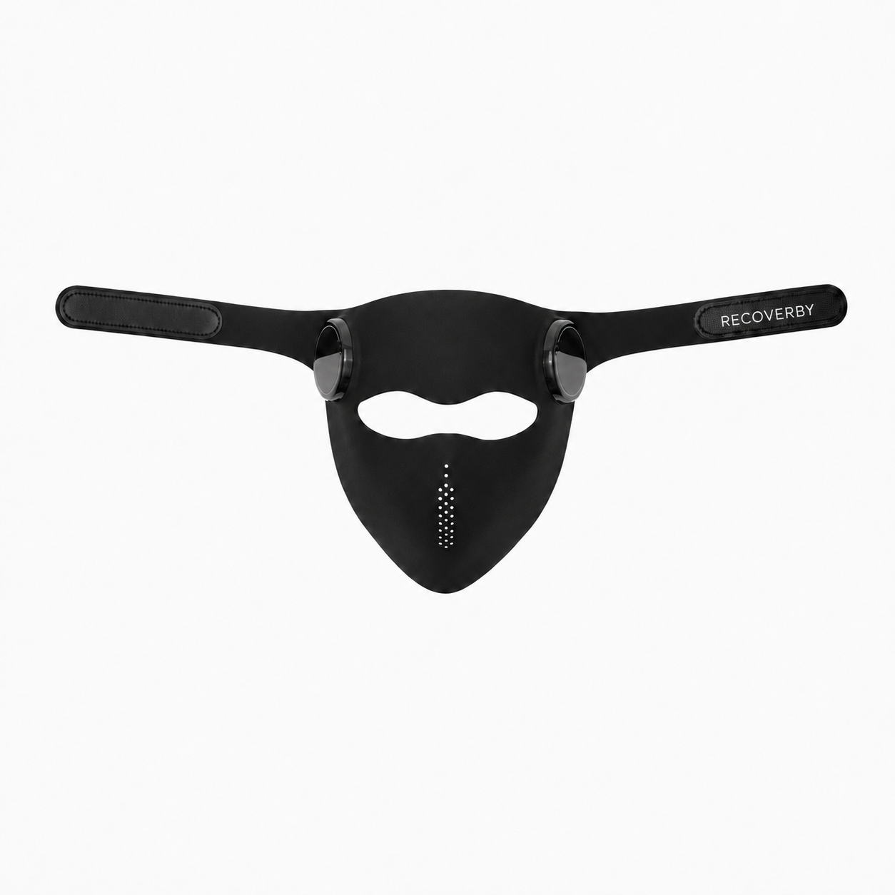 A black silicone recovery mask with an eye opening and a strap labeled 'RECOVERY' on the right side, shown against a plain white background. Product photo shot of Recoverby Red Light Mask Go