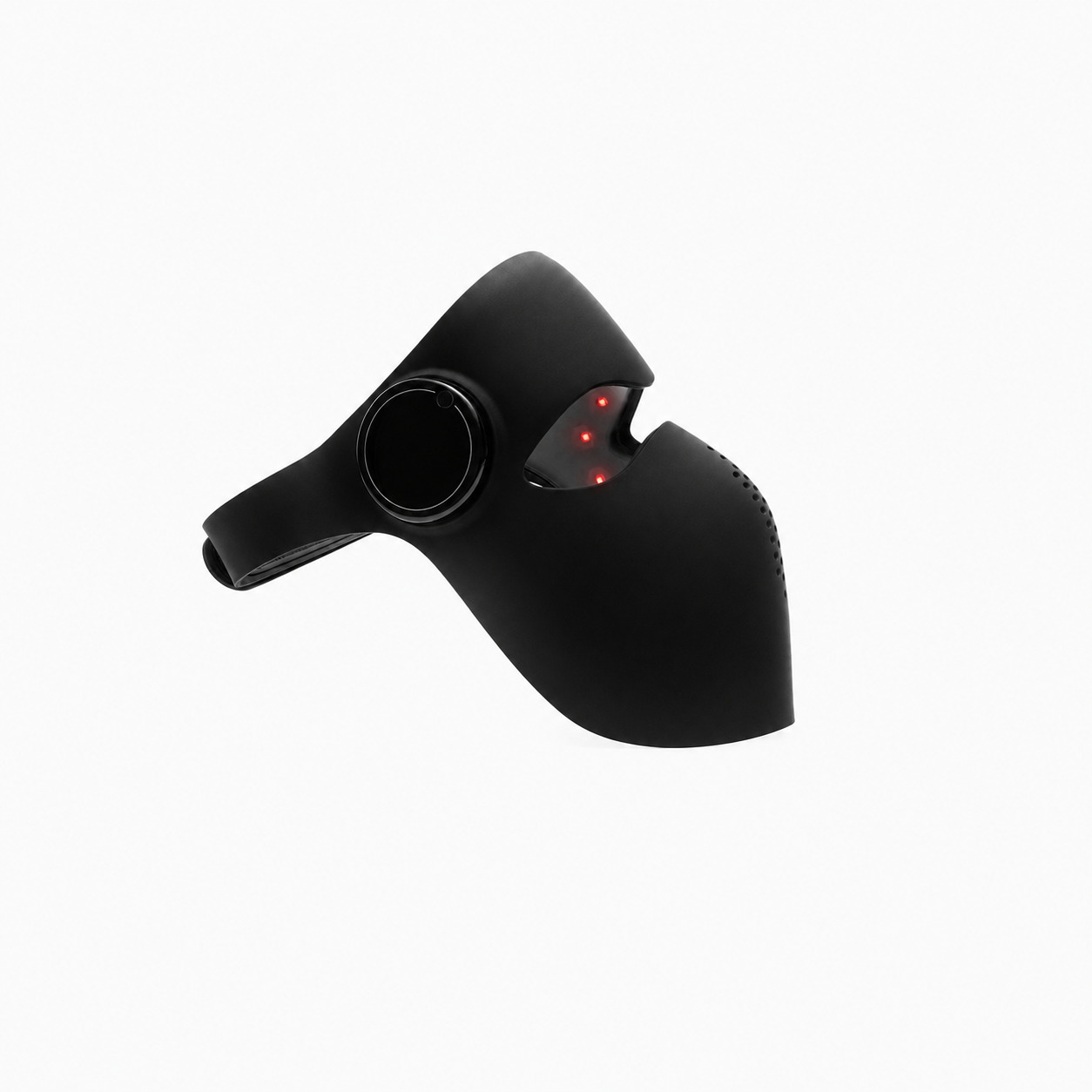 Product photo side view of Recoverby Red Light Mask Go. Black LED red light therapy face mask with a curved design, featuring a circular opening on the side and small red illuminated LED eye-like lights, shown on a plain white background.