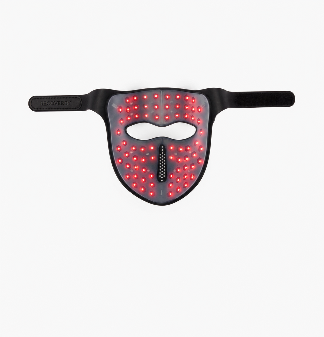 product shot of  : Recoverby Red Light Mask Gored light therapy face mask with a black strap, featuring multiple glowing red LED light dots on a translucent faceplate, shown against a plain white background. A