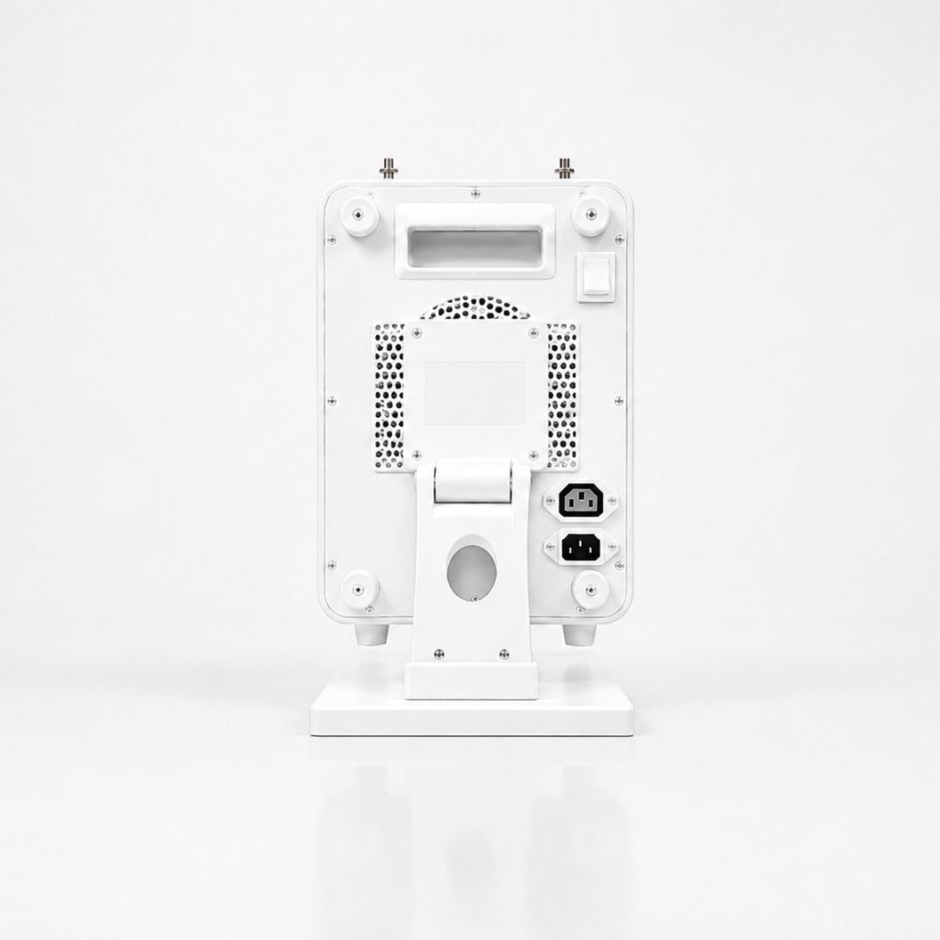 White Red Light Panel , electronic device back view on a clean white studio background, showing ports and ventilation grilles.