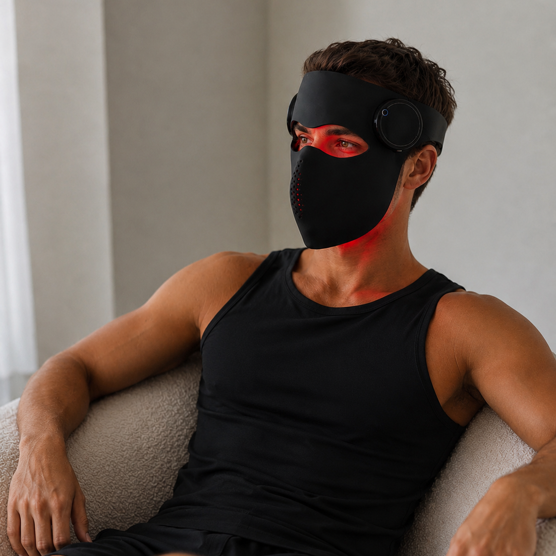 A man wearing a black full-face mask with a circular side attachment sits on a beige textured armchair. The mask has a red illuminated light shining from the eye opening, casting a red glow on the wall behind him.