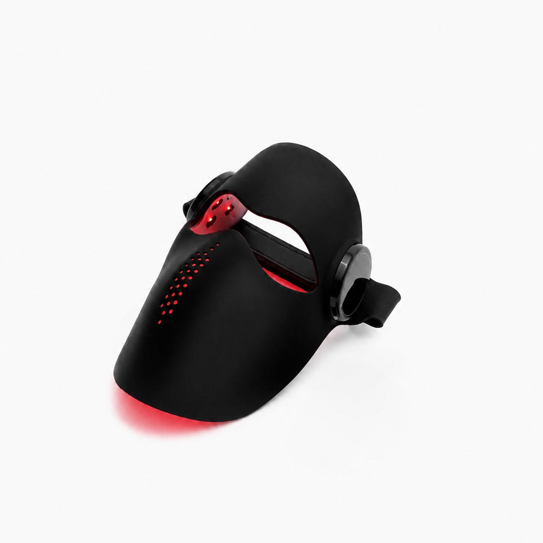 A black LED light therapy face mask with red illuminated accents and a black adjustable strap, shown on a clean white background.