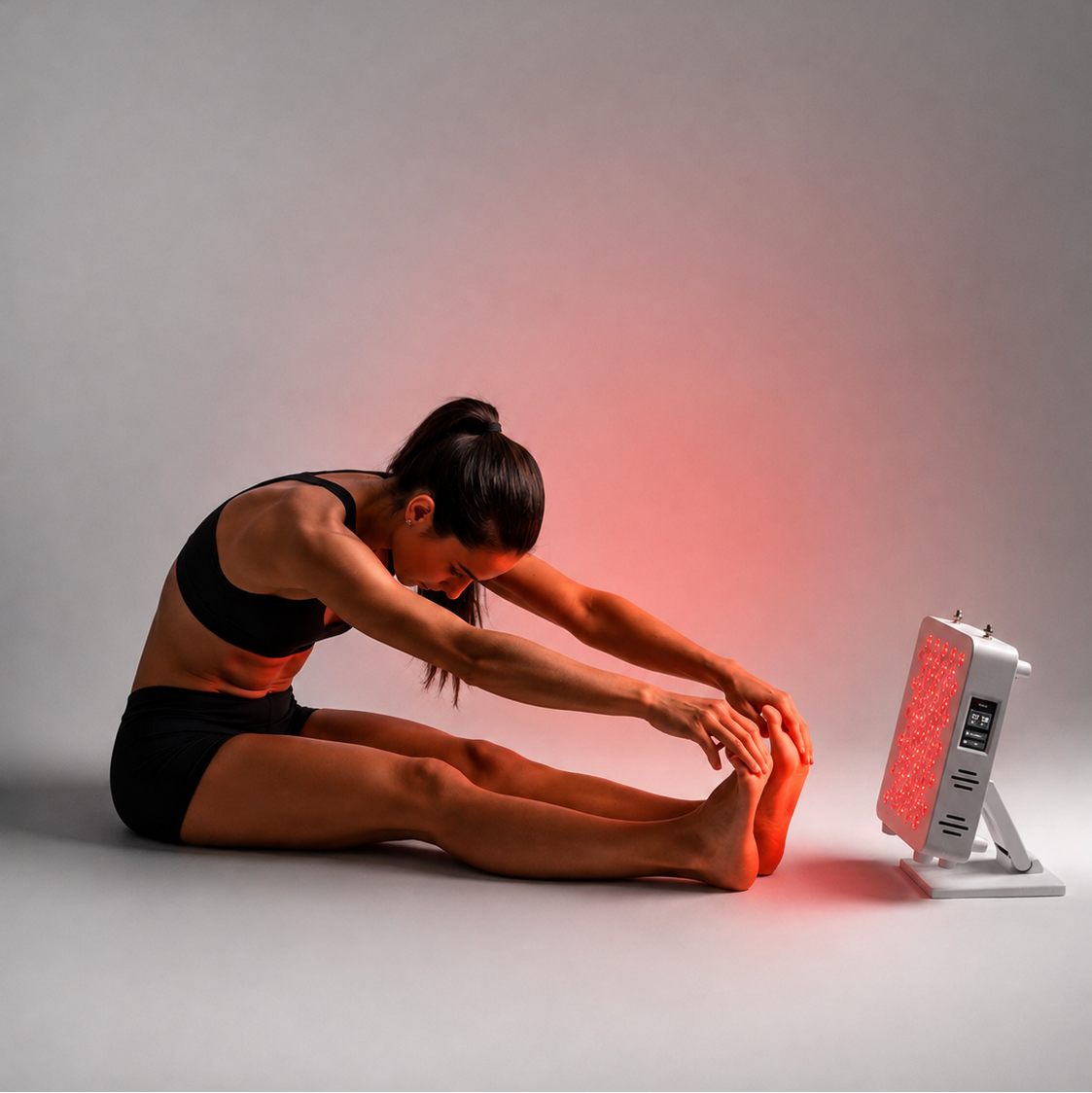 A woman in a black sports bra and shorts stretches forward on a light gray studio floor while using a red light therapy panel from Recoverby placed beside her.