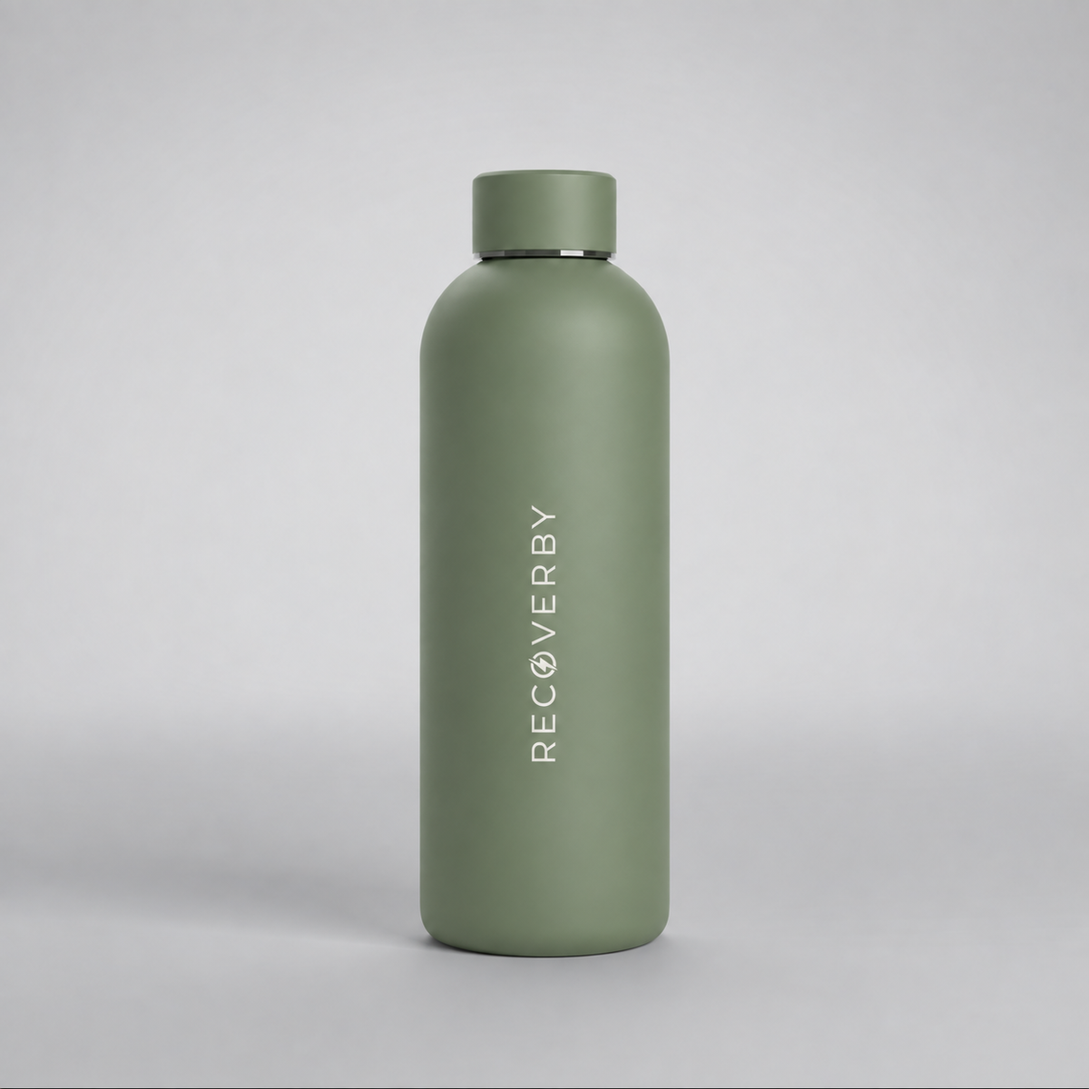 A matte sage green insulated water bottle with a matching lid, featuring the brand name 'RECOVERY' printed vertically in white on the front, set against a clean light gray background.