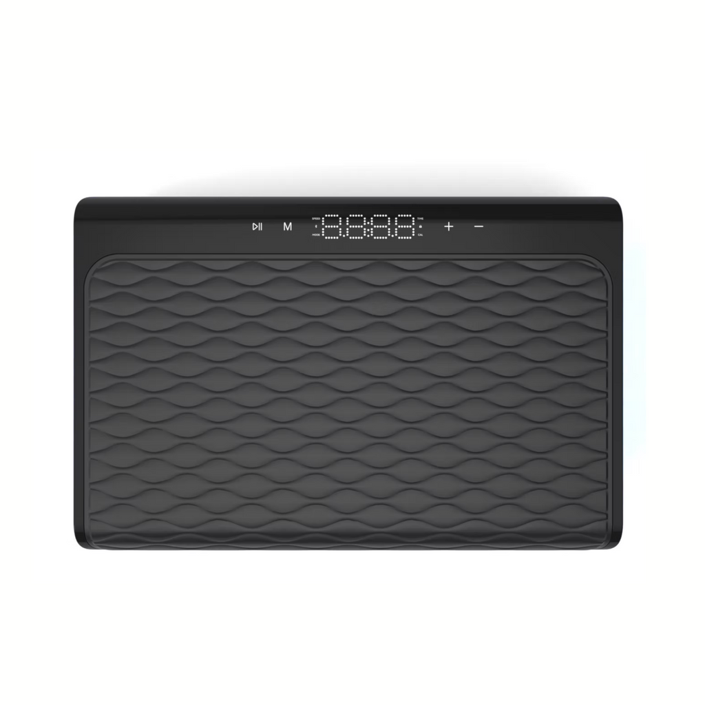 A black rectangular electronic device with a textured wavy pattern on the front, featuring a digital LED display and control buttons on top, shown against a plain white background.
