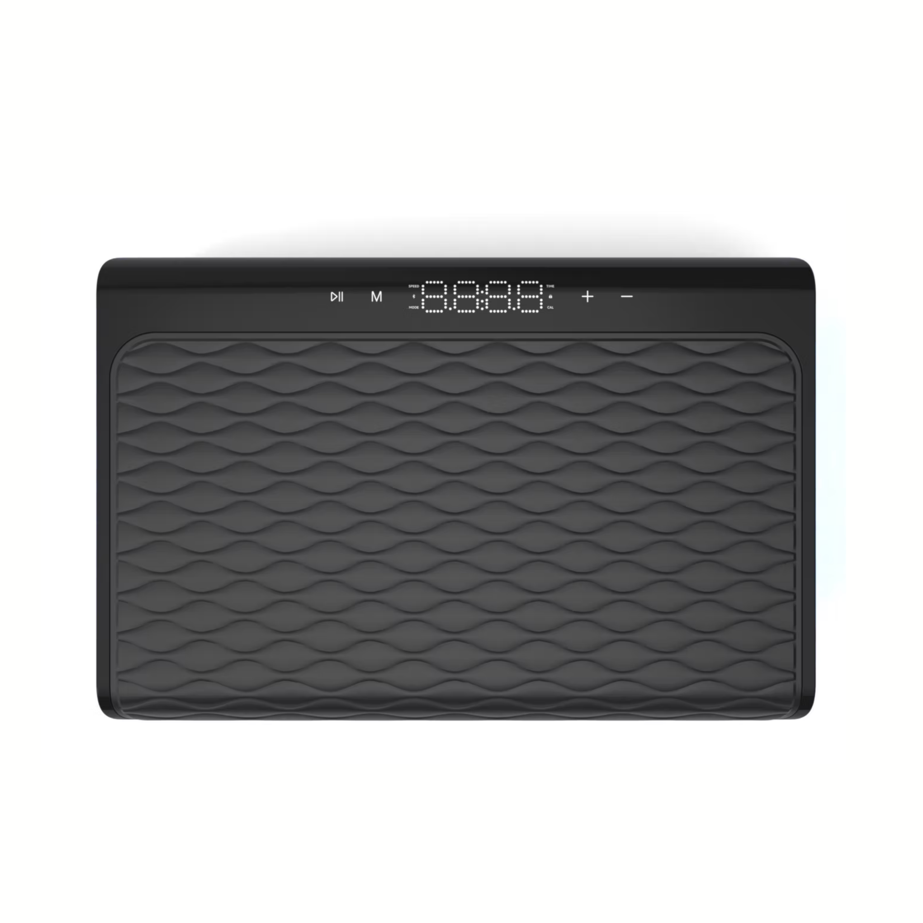 A black rectangular electronic device with a textured wavy pattern on the front, featuring a digital LED display and control buttons on top, shown against a plain white background.