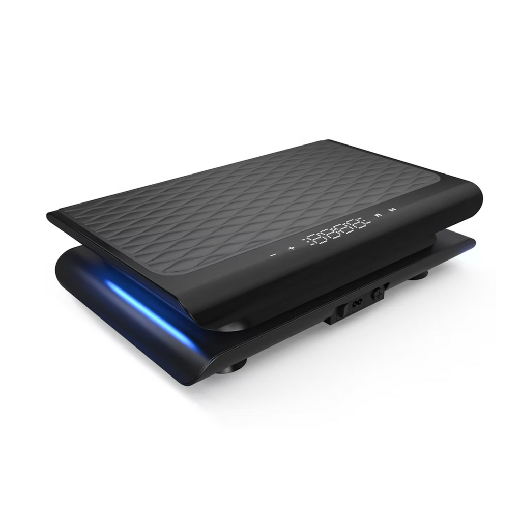 A black heated nail art dryer with a textured top surface, shown at an angle with blue LED light glowing from the base on a white background.