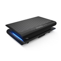 A black heated nail art dryer with a textured top surface, shown at an angle with blue LED light glowing from the base on a white background.